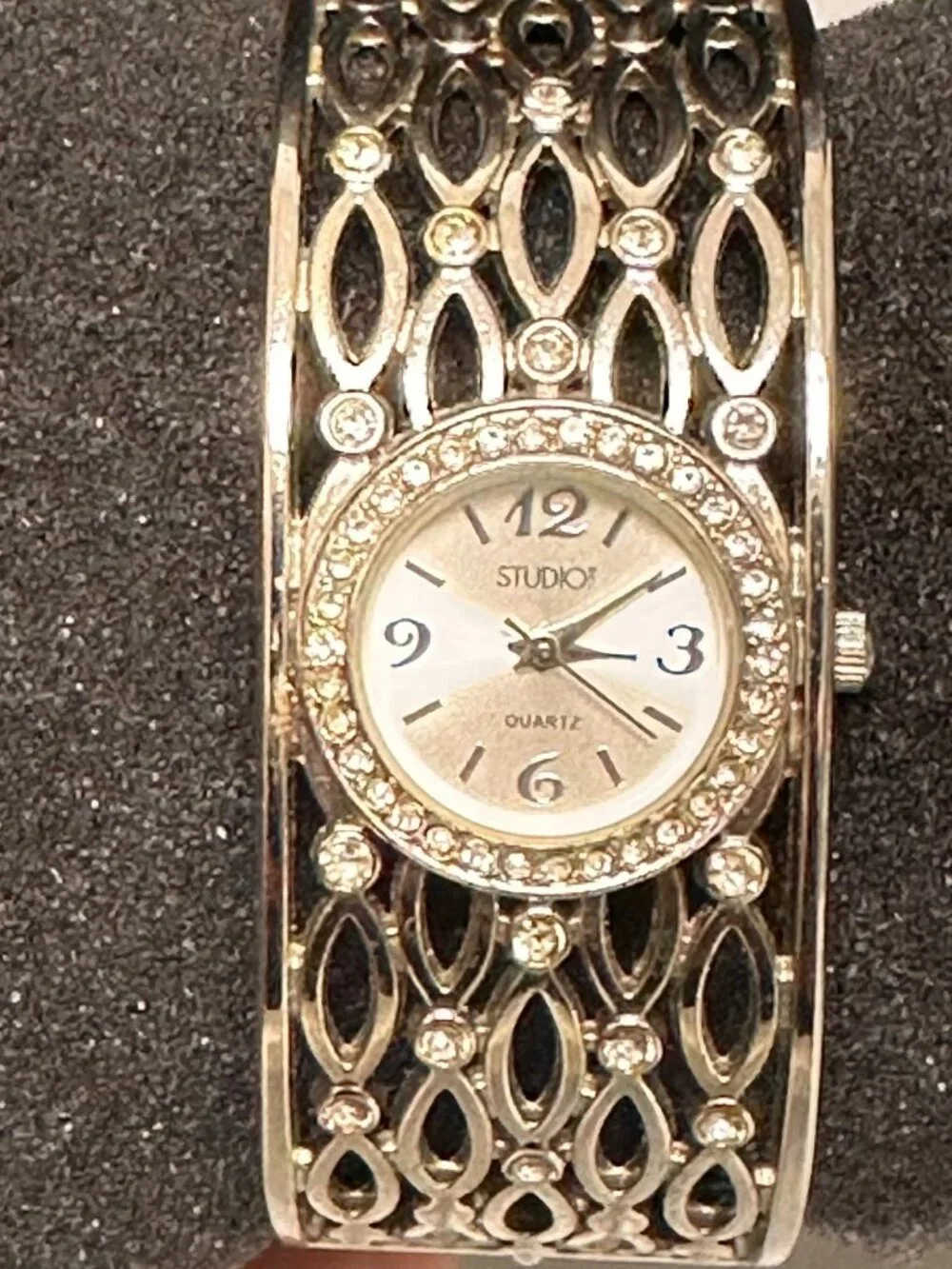 Studio Time Watch Women Silver Tone Rhinestone Wide Cuff New Battery 6.75